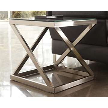 Signature Design by Ashley Coylin Modern Square Brushed Nickel End Table with Beveled Glass Top, Silver