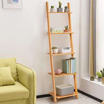 Tangkula Bamboo 5-Tier Ladder Shelf Bookshelf, Wall-Leaning Bookshelf, Plant Flower Stand, Storage D...