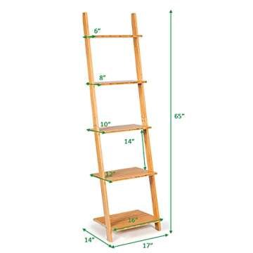 Tangkula Bamboo 5-Tier Ladder Shelf Bookshelf, Wall-Leaning Bookshelf, Plant Flower Stand, Storage Display Shelves for Living Room Bathroom Office, Multifunctional Ladder Bookcase (Natural)