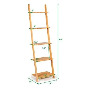 Tangkula Bamboo 5-Tier Ladder Shelf Bookshelf, Wall-Leaning Bookshelf, Plant Flower Stand, Storage Display Shelves for Living Room Bathroom Office, Multifunctional Ladder Bookcase (Natural)