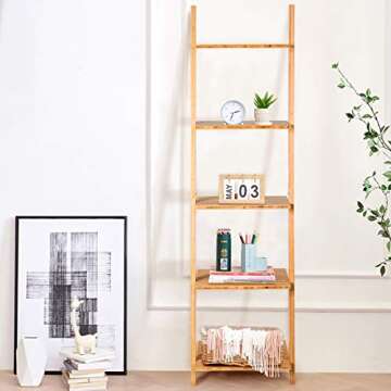 Tangkula Bamboo 5-Tier Ladder Shelf Bookshelf, Wall-Leaning Bookshelf, Plant Flower Stand, Storage Display Shelves for Living Room Bathroom Office, Multifunctional Ladder Bookcase (Natural)
