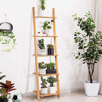 Tangkula Bamboo 5-Tier Ladder Shelf Bookshelf, Wall-Leaning Bookshelf, Plant Flower Stand, Storage Display Shelves for Living Room Bathroom Office, Multifunctional Ladder Bookcase (Natural)