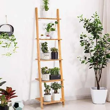 Tangkula Bamboo 5-Tier Ladder Shelf Bookshelf, Wall-Leaning Bookshelf, Plant Flower Stand, Storage Display Shelves for Living Room Bathroom Office, Multifunctional Ladder Bookcase (Natural)