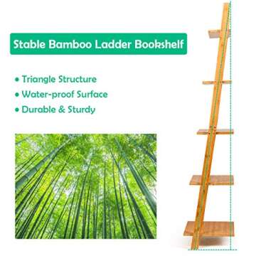 Tangkula Bamboo 5-Tier Ladder Shelf Bookshelf, Wall-Leaning Bookshelf, Plant Flower Stand, Storage Display Shelves for Living Room Bathroom Office, Multifunctional Ladder Bookcase (Natural)