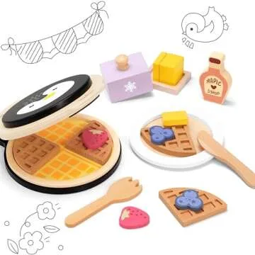 PairPear Wooden Waffle Maker Toy Food Playset, Kids Pretend Play Food Kitchen Accessories, Wooden Co...