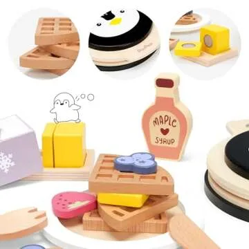 PairPear Wooden Waffle Maker Toy Food Playset, Kids Pretend Play Food Kitchen Accessories, Wooden Cooking Toy Baking Playset, Toddler Play Breakfast Brunch Tea Sets Cutting Food Gift for Girls Boys 3+