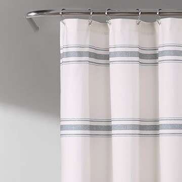 Lush Decor Farmhouse Stripe Cotton Shower Curtain, 72" W x 72" L, Blue - Classic Modern Rustic Charm Bathroom Decor