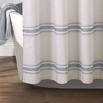 Lush Decor Farmhouse Stripe Cotton Shower Curtain, 72" W x 72" L, Blue - Classic Modern Rustic Charm Bathroom Decor