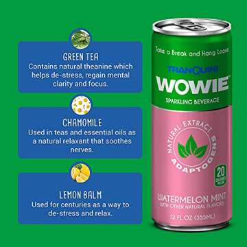 Wowie | Hemp Infused Sparkling Beverage for Stress and Anxiety Relief | All-Natural, Low Calorie | Non Alcoholic | Herbal Adaptogens Drink | 12oz Sleek Can