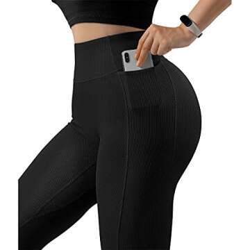 SUUKSESS Women Ribbed Workout Leggings with Pockets Butt Lifting High Waisted Yoga Pants (Black, XL)