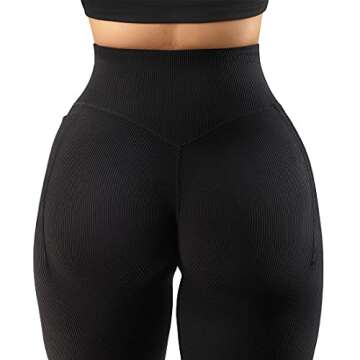 SUUKSESS Women Ribbed Workout Leggings with Pockets Butt Lifting High Waisted Yoga Pants (Black, XL)