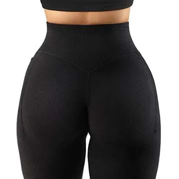 SUUKSESS Women Ribbed Workout Leggings with Pockets Butt Lifting High Waisted Yoga Pants (Black, XL)