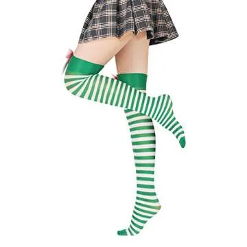 Benefeet Sox Womens Girls Cute Accent Christmas Thigh High Socks Green Striped Over the Knee High Socks Long Stockings Summer Thin Nylon Socks- Green and White Stripe, Satin Bow, Strawberry