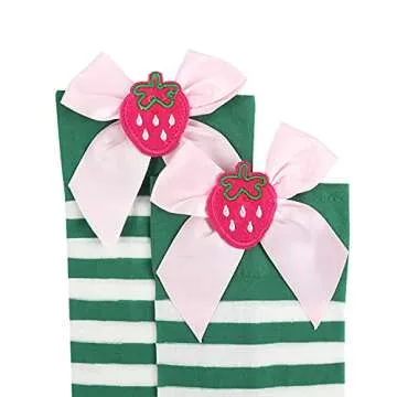Benefeet Sox Womens Girls Cute Accent Christmas Thigh High Socks Green Striped Over the Knee High Socks Long Stockings Summer Thin Nylon Socks- Green and White Stripe, Satin Bow, Strawberry