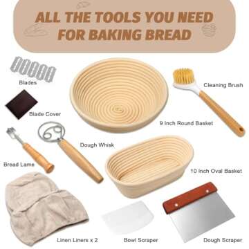 Sourdough Proofing Basket Gift Set, 9" Round and 10" Oval Banneton Bread Baking Supplies, Sourdough Baskets with Bread Lame, Danish Whish, Bowl Scraper, Sourdough Scraper, and Linen Liners