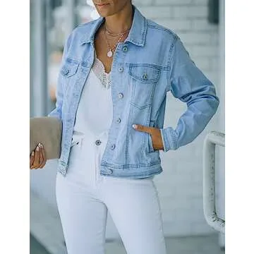 luvamia Women's Casual Basic Button Down Stretch Regular Fit Long Sleeves Denim Jean Jacket Womens Spring Jackets 2024 Jacket for Women Azure Mood Size Small Fits Size 4 / Size 6