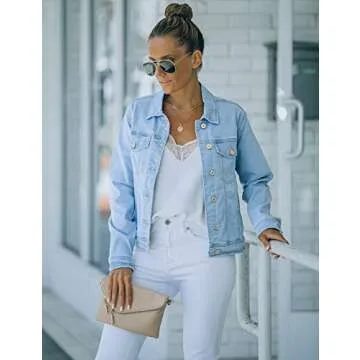 luvamia Women's Casual Basic Button Down Stretch Regular Fit Long Sleeves Denim Jean Jacket Womens Spring Jackets 2024 Jacket for Women Azure Mood Size Small Fits Size 4 / Size 6