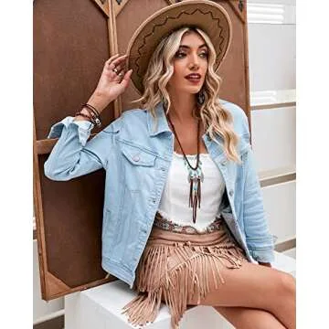 luvamia Women's Casual Basic Button Down Stretch Regular Fit Long Sleeves Denim Jean Jacket Womens Spring Jackets 2024 Jacket for Women Azure Mood Size Small Fits Size 4 / Size 6