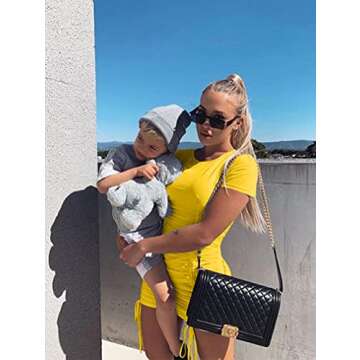 LAGSHIAN Women Sexy Summer Club Ruched Short Sleeve Drawstring Mini Bodycon Dress Yellow