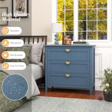 YHAOWORKS 3 Drawers Dresser for Bedroom Set- Modern Wood Chest of Drawers Cabinet, Farmhouse Large Nightstand with Drawers Storage, 30 Inch Wide Nightstand for Living Room, Hallway, Entryway, Blue