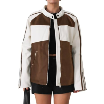 Tankaneo Womens Faux Leather Jackets Casual Oversized Zip Up Color Block Motorcycle Biker PU Coats