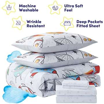 Kids Bedding Set Bed in a Bag for Boys and Girls Toddlers Printed Sheet Set and Comforter , Full, Floating in Space