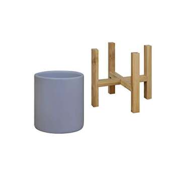 TABOR TOOLS Ceramic Planters Including Natural Bamboo Stand, Modern Decor Table Top Planter. YG608A. (Medium, Grey Mauve Matte)