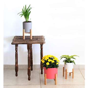 TABOR TOOLS Ceramic Planters Including Natural Bamboo Stand, Modern Decor Table Top Planter. YG608A. (Medium, Grey Mauve Matte)