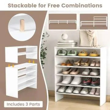 Giantex 3-in-1 Vertical Shoe Rack, 6-Tier Free Standing Shoe Storage Organizer w/Stackable Design for 18 Pairs, 31 Inch Wide Wood Shoe Shelf for Closet, Entryway, Living Room, Office, White
