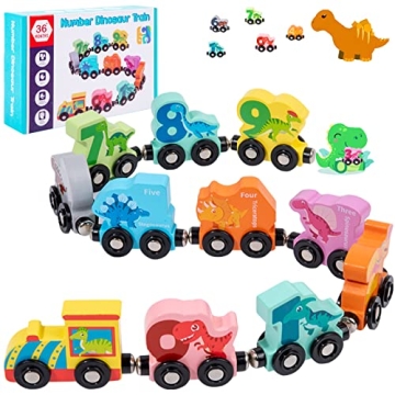 ZRCCOX Wooden Dinosaur Train Set Toy for Kids Ages 3-5（Enhanced Magnetic ver） 11 PCS Wooden Toy ...