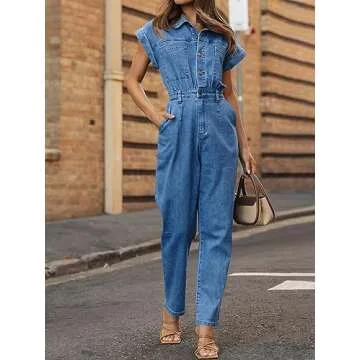 Tongmingyun Women's Cap Sleeve Denim Jumpsuit Button Down Straight Leg Jeans Long Pants Rompers with Pockets