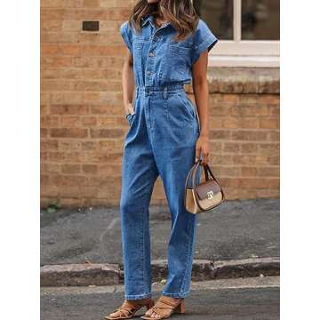 Tongmingyun Women's Cap Sleeve Denim Jumpsuit Button Down Straight Leg Jeans Long Pants Rompers with Pockets