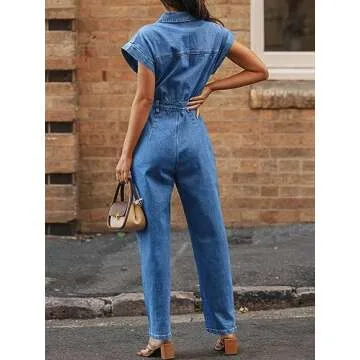 Tongmingyun Women's Cap Sleeve Denim Jumpsuit Button Down Straight Leg Jeans Long Pants Rompers with Pockets