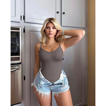 OQQ Women's 3 Piece Sexy Ribbed Bodysuit in Black Tea Leaf Beige