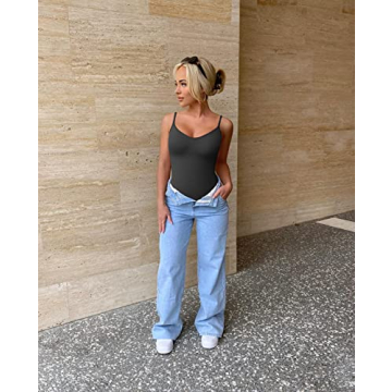 OQQ Women's 3 Piece Sexy Ribbed Bodysuit in Black Tea Leaf Beige