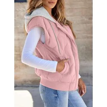 EVALESS Quilted Puffer Vests for Women 2024 Fall Winter Trendy Fashion Casual Sleeveless Vests with Pockets Pink Medium