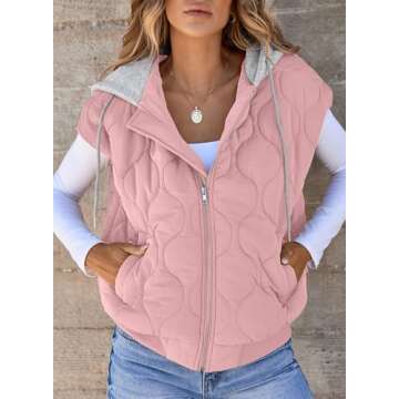 EVALESS Quilted Puffer Vests for Women 2024 Fall Winter Trendy Fashion Casual Sleeveless Vests with Pockets Pink Medium