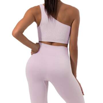 Sportneer Workout Sets for Women 2 Piece, Ribbed Seamless Cute One Shoulder Sports Bra and High Waisted Leggings Matching Gym Yoga Set Outfits Work Out Set Pink M