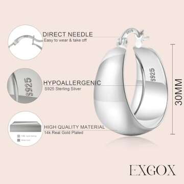EXGOX Gold Hoop Earrings for Women Sterling Silver Post Hoops Earrings for Women Wide Thick Silver H...