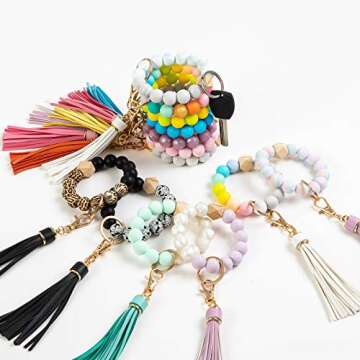 GIFTPRAMD Silicone Key Ring Bracelet Wristlet Keychain for Women, Silicone Bead Bracelet for Bangle Circle Key Ring for Wrist (Rainbow colors)