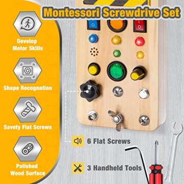 Pussan Busy Board, Wooden Montessori Toys for 3 Year Old Boy Birthday Gifts, Sensory Fidget Toy with Lights and Tools, Toddlers Toys for 3+ Year Old Boys Girls