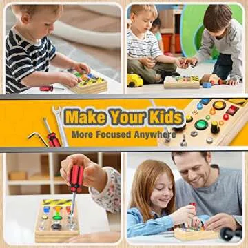 Pussan Busy Board, Wooden Montessori Toys for 3 Year Old Boy Birthday Gifts, Sensory Fidget Toy with Lights and Tools, Toddlers Toys for 3+ Year Old Boys Girls