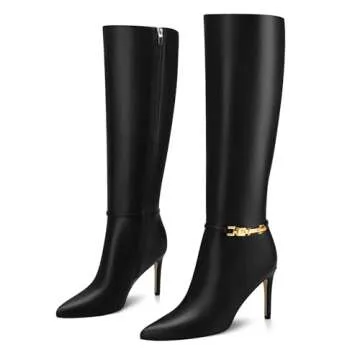 Adrizzlein Black Knee High Boots Women Pointed Toe Stiletto Tall Boots Sexy High Heel Long Boots Fashion Dress Shoes With Side Zipper Black Size 6.5