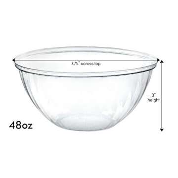 PLASTICPRO Disposable 48 Ounce Round Crystal Clear Plastic Serving Bowls With Lids, Party Snack or S...