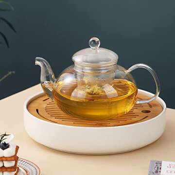Kyraton Glass Tea Pot 1L with Removable Infuser, Blooming and Loose Leaf Tea Maker Set, Stovetop and Microwave Safe Tea Kettle.