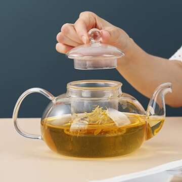 Kyraton Glass Tea Pot 1L with Removable Infuser, Blooming and Loose Leaf Tea Maker Set, Stovetop and Microwave Safe Tea Kettle.