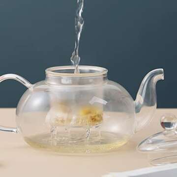 Kyraton Glass Tea Pot 1L with Removable Infuser, Blooming and Loose Leaf Tea Maker Set, Stovetop and Microwave Safe Tea Kettle.