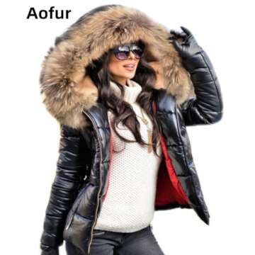 Aofur Womens Ladies Quilted Winter Coat Fur Collar Hooded Down Jacket Parka Outerwear (Medium, Black)
