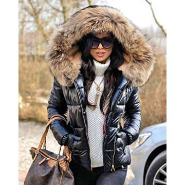 Aofur Womens Ladies Quilted Winter Coat Fur Collar Hooded Down Jacket Parka Outerwear (Medium, Black)