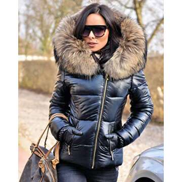 Aofur Womens Ladies Quilted Winter Coat Fur Collar Hooded Down Jacket Parka Outerwear (Medium, Black)